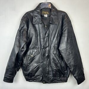 Vintage Leather Jacket Men Medium Bomber Coat Black Patchwork Y2K 90s Retro
